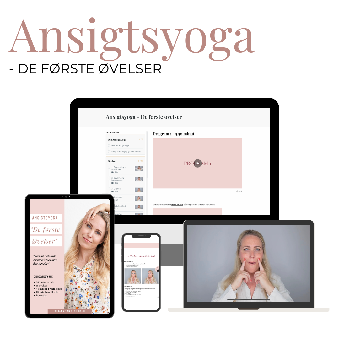Onlinekursus i ansigtsyoga for begyndere med videoer og e-bog på flere enheder